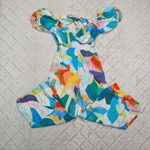 Ranna Gill Jumpsuit Womens S Blue Water Color Tie Back Cutout Linen Blend Boho